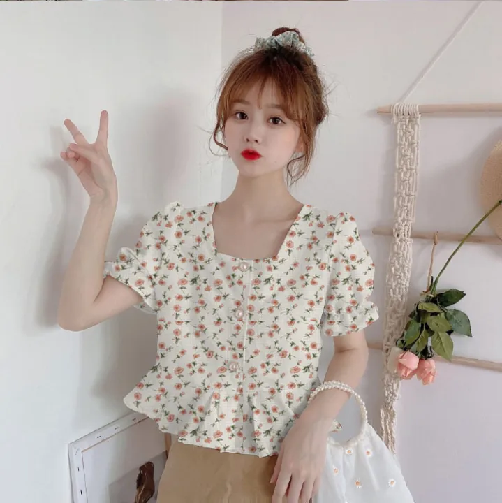 Plaid%20French%20Hot%20Girl%20Summer%20New%20T%20T-shirt%20Short%20Sleeve%20Floral%20Top%20Korean%20Style%202024%20Chiffon%20Shirt%20Doll%20Collar%20-%20Image%202