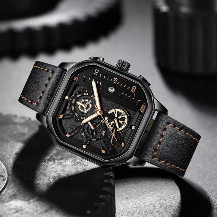 POEDAGAR New luxury fashion leather belt wrist-watche for men