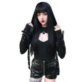 Women's Black Crop Top Short Hoodie Ladies Gothic Punk Halter Mesh Hooded Sweatshirt Coat Halloween Cosplay Tops. 