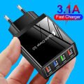 QC 3.0 Quick Charger 5V 3A USB Charger Fast Charging Charge 4 Ports LED Light Phone Charge Adapter EU Plug Charger Accessories.