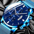 GENEVA Watch Men's Watch Top Brand Luxury Business Calendar Watches For Men Blue Stainless Steel Mesh Belt Quartz Watch.