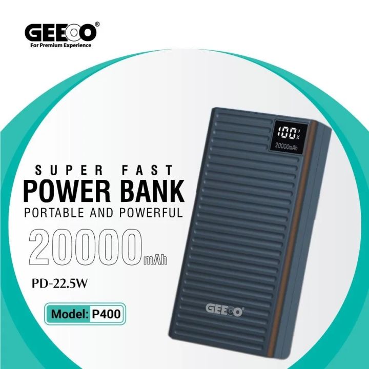 Geeoo P 400 22.5W PD Super Fast  Power Bank with LCD  Power Display  (20000mAh)Power Bank-Black/White