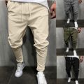 Summer men's cotton linen pants casual linen trousers casual breathable fitness fold elastic waist men's casual casual pants. 