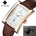 【support】 WWOOR Brand Classic Fashion Mens Rectangle Watches Male Brown Leather Quartz Waterproof Wrist Watch For Men Calendar Clocks. 