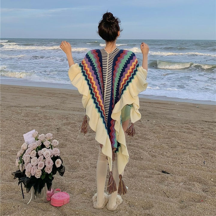 2023%20Spring%20and%20Autumn%20New%20Color%20Contrast%20Ethnic%20Style%20Ruffle%20Shawl%20Female%20Bohemian%20Cardigan%20Fungus%20Trim%20Internet%20Celebrity%20Cloak%20-%20Image%202
