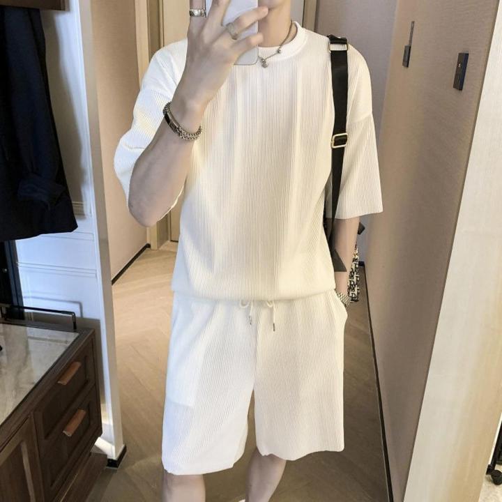 Korean Fashion Summer Clothes 2 Piece Set Mens Outfits Solid Color Slim Fit Streetwear Tracksuit Casual Clothes For Men Shorts