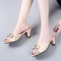 Block heel sandals women's outerwear 2021 new summer rhinestone bow sandals ladies plus size high heels wholesale.