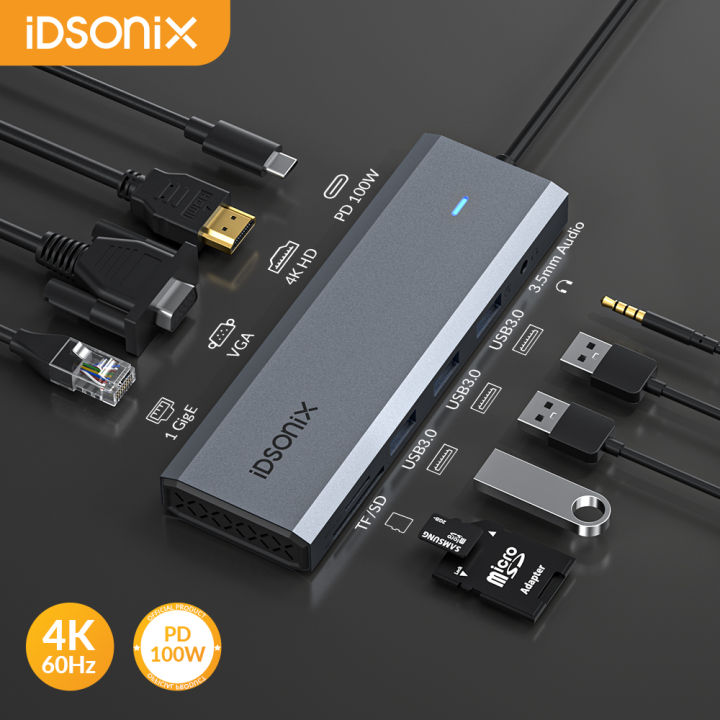 iDsonix 10 in 1 USB C HUB Dock with 4K HDMI USB 3.0 5Gbps Type C Docking Station to Gigabit Ethernet SD/TF PD100W Power Delivery
