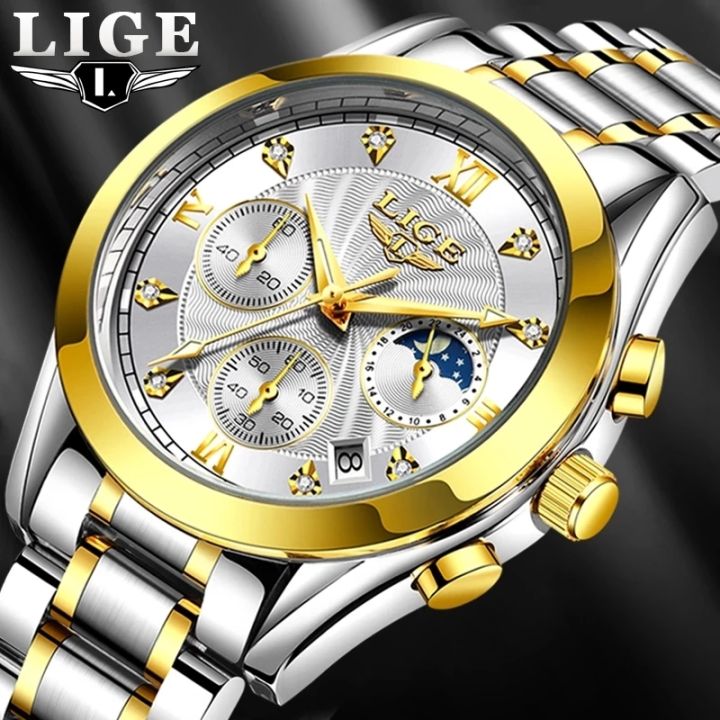 LIGE Men Watch Top Brand Original Sports Quartz Mens Watches Full Steel Waterproof Chronograph Wristwatch Men Relogio Masculino 8912