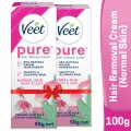Veet 50gm x 2, Normal Skin Hair Removal Cream for Body & Legs, Freshest Smell with Organic Aelo Vera and Rose Extract, Dermatologically Tested.