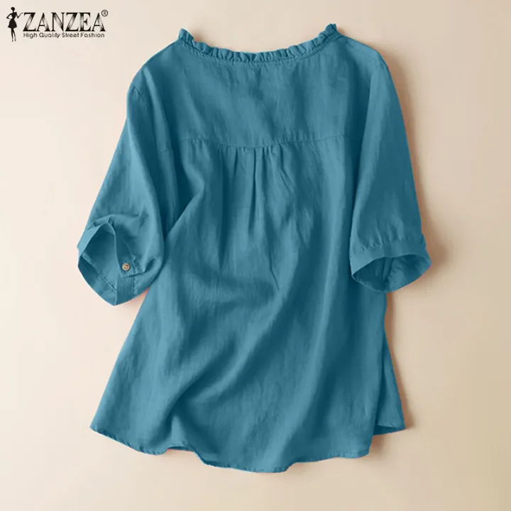 ZANZEA%20Women%20Short%20Sleeve%20V%20Neck%20Top%20Casual%20Loose%20Shirt%20Tee%20Solid%20Cotton%20Blouse%20#2%20-%20Image%206