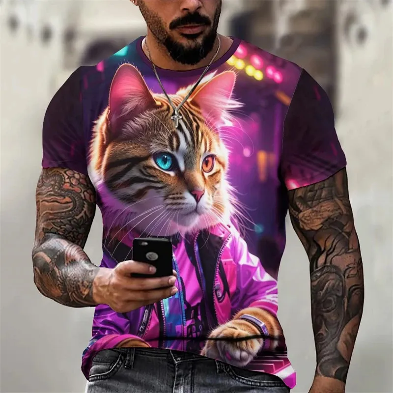 Cool Men T-shirt stray cat pattern printed T-shirt loose short