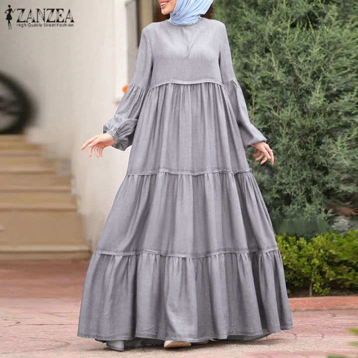 Zanzea Wanita Muslimah Wanita Muslim Abaya Dubai Lengan Panjang Maxi Pakaian Panjang Penuh Sundress Plus