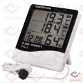 HTC2 H.T.C-2 Digital LCD Display With Temperature Humidity Meter Gauge Thermometers Hygrometer Temperature Sensor Indoor Outdoor 1.5M Length Cable Probe With Clock Wall Mount Meter(null).