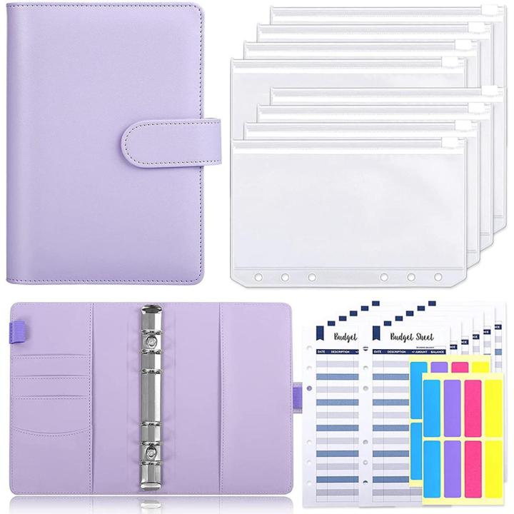 A6 PU Leather Budget Binder,with 8 A6 Binder Bags,12 Papers,6 Ring Binder Budget Envelope System, with Label Stickers D