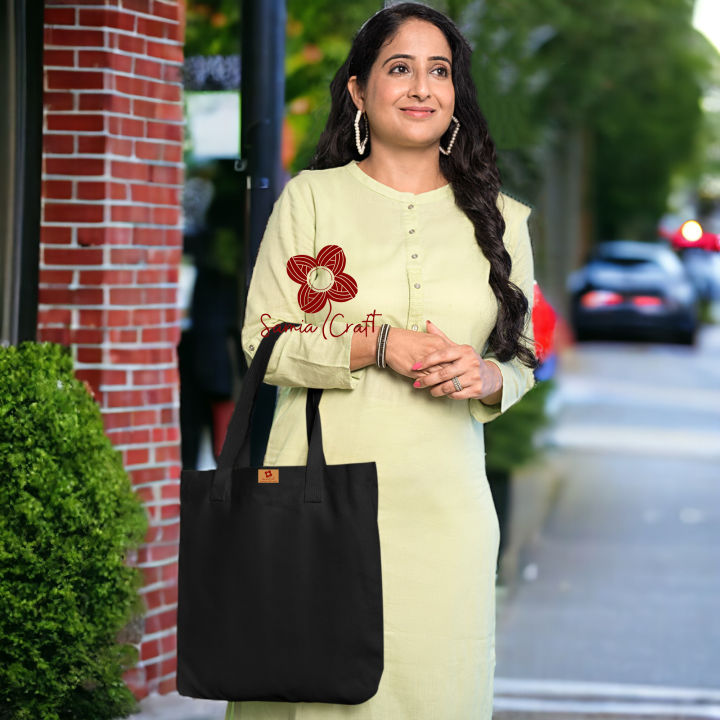 Samia Crafts 13/14Inc Fashionable Top Handle Simple Plain Solid Black Color Canvas Tote Bag with Zipper Best Fabric & Shopping Bag For Everyday Daily Use - Durability Assurance