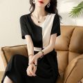 Women's Summer Dress 2024 New Patchwork High-End Temperament High-Grade Satin Lace-up Slimming Midi Dress. 