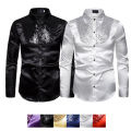 【Alien Alien】 Men top Stage Dance Nightclub Prom Costume Men's Luxury Sequin Glitter Shirts Long Sleeve Silk Satin Shiny Disco Party Shirt.