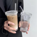 375ml Stripe glass cup Elegant glasses With lid and straw Lid straw cup Birthday gifts Glass material Japanese style cup for.