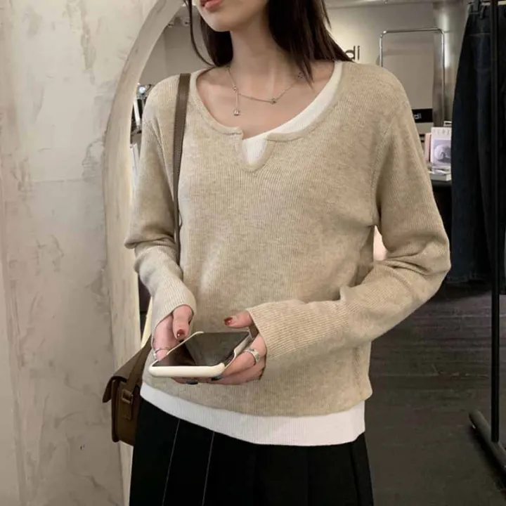 Fake%20Two-Piece%20Knitted%20Sweaters%20Sweater%20Women's%20Spring%20Autumn%20and%20Winter%20Undershirt%20French%20off-Shoulder%20Chic%20as%20Soft%20Glutinous%20Inner%20Wear%20Blouse%20-%20Image%202