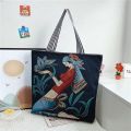 WPOT Retro Elegant Oil Painting Shopping Bag Travel Bag Flower Painted Tote Bag Women Art Handbag Canvas Bag Shoulder Bag. 