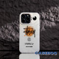 Trendy Brands Doodle Cool Stussy Label Case Compatible for IPhone 14 15 Pro Max 7Plus 13 11 12 Pro Max XR X XS Max 7 14 8 15 Plus SE 2020 Luxury Plating Metal Lens Soft Cover.