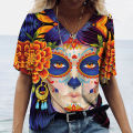 Women T shirt skull face vintage tops V neck casual cotton short sleeve pullovers summer female Harajuku punk streetwear tops.