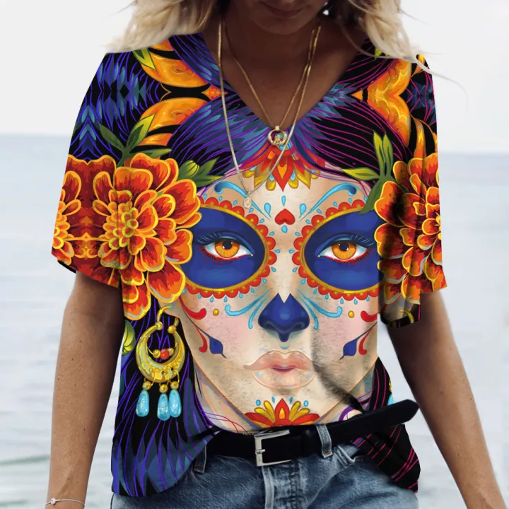 Women%20T%20shirt%20skull%20face%20vintage%20tops%20V%20neck%20casual%20cotton%20short%20sleeve%20pullovers%20summer%20female%20Harajuku%20punk%20streetwear%20tops%20-%20Image%204