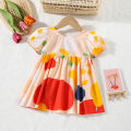 Summer new Baby Girls Dress Bow Puffy Sleeve Flower Hand-painted Wind Sweet Princess Dress Birthday Party Dress (0-3 years).