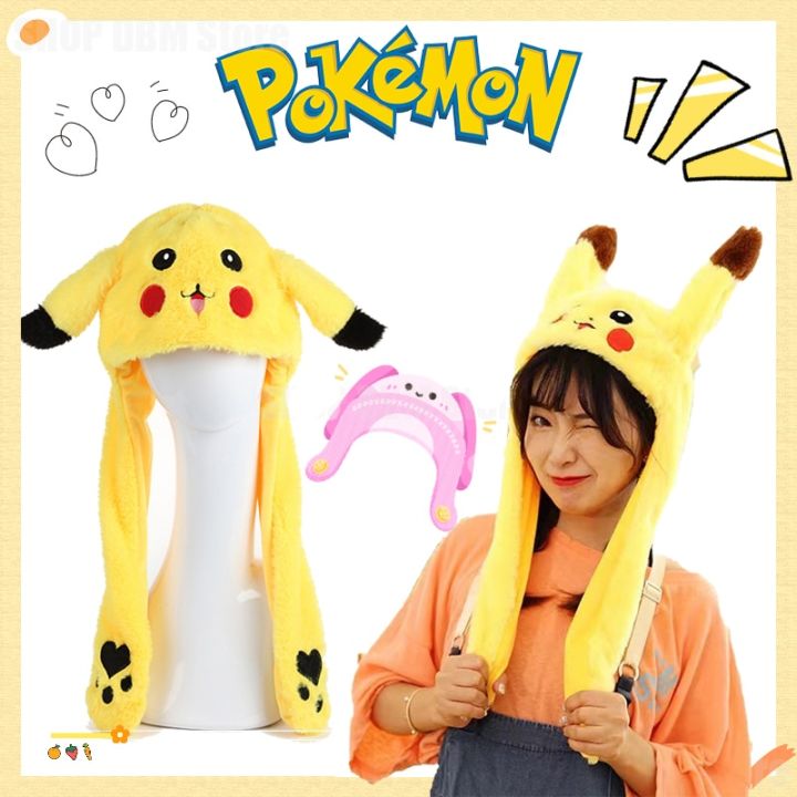 Anime Pokemon Pikachu Women Hat Beanie Can Moving Bunny Ears Hat with Shine Earflap Movable Ears Casual Animal Cap Beanies Gift