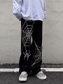 Grunge Punk spider web print Black Women's pants goth Streetwear Oversize Wide Leg Trousers 90s Vintage y2k clothes cargo Pants.