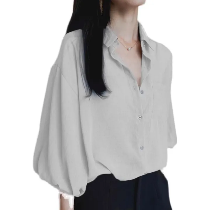 2024%20Summer%20New%20Korean%20Style%20Fifth%20Sleeve%20Shirt%20Women's%20Chiffon%20Bishop%20Sleeves%20Top%20Retro%20Loose%20Solid%20Color%20Shirt%20Fashion%20-%20Image%203