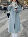 Korean Fashion Women Casual Loose Woolen Coat Elegant and Chic Solid Outerwear Long Overcoat with Belted Female Warm Cloak. 