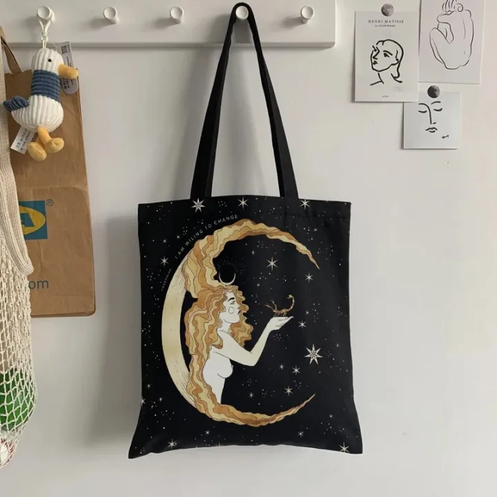 Retro%20Moon%20Art%20Tote%20Bag%20Women's%20Daily%20Casual%20Shopping%20Black%20One%20Shoulder%20Canvas%20Bag%20For%20Men%20Women%20ECO%20Groceries%20Bag%20With%20Zipper%20-%20Image%203