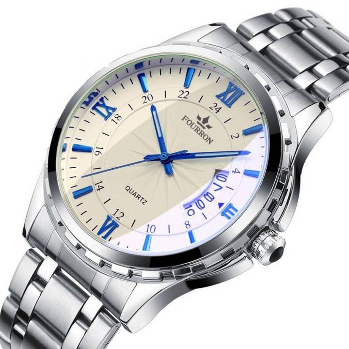 FOURRON Fashion Watch For Men Business Luminous Calendar Stainless Steel Strap Quartz Wristwatch 688
