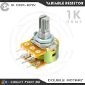 1K Ohm 2Pcs Pack Double Layer Variable Resistor / Potentiometer 6 Pin Dual Gang Linear Taper, Rotary, Adjustable Variable Resistor / Potentiometer For Electric & Electronics.. 