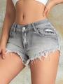2023 Fashion Women Mini Short Jeans Sexy Babes Rave Slant Pocket Ripped Raw Hem Denim Low Waist Skinny Shorts Mujer. 
