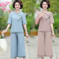 Middle-Aged and Elderly Women's Summer Mom Suit Western Style plus Size Wide Lady Temperament Short Sleeve Casual Chiffon Two-Piece Thin.