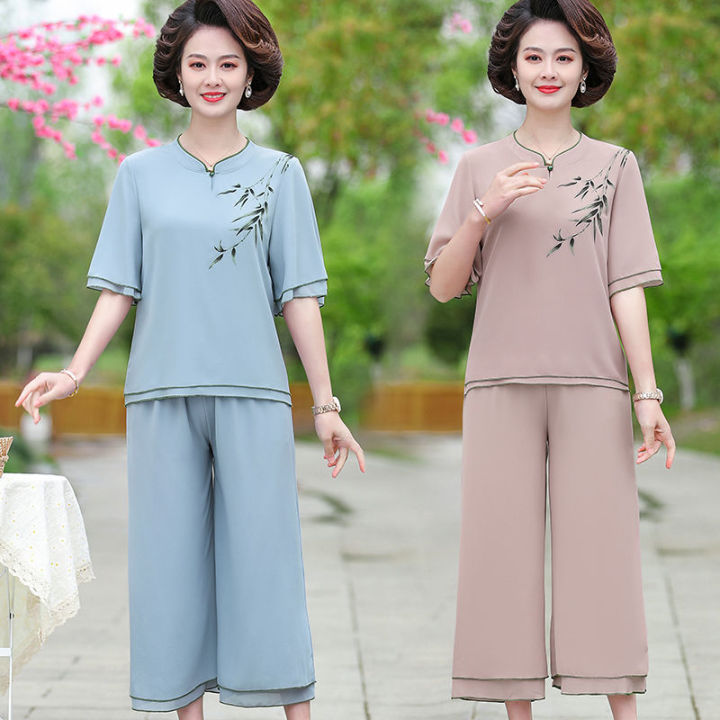 Middle-Aged%20and%20Elderly%20Women's%20Summer%20Mom%20Suit%20Western%20Style%20plus%20Size%20Wide%20Lady%20Temperament%20Short%20Sleeve%20Casual%20Chiffon%20Two-Piece%20Thin%20-%20Image%203