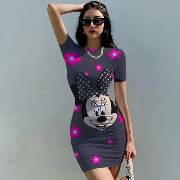 Disney%20Minnie%20Mickey%20Mouse%20bow%20print%20Elegant%20Pencil%20Dress%20Womens%20Simple%20Sheath%20Office%20Dresses%20Summer%20Short%20sleeve%20Casual%20Vestido%20-%20Image%203