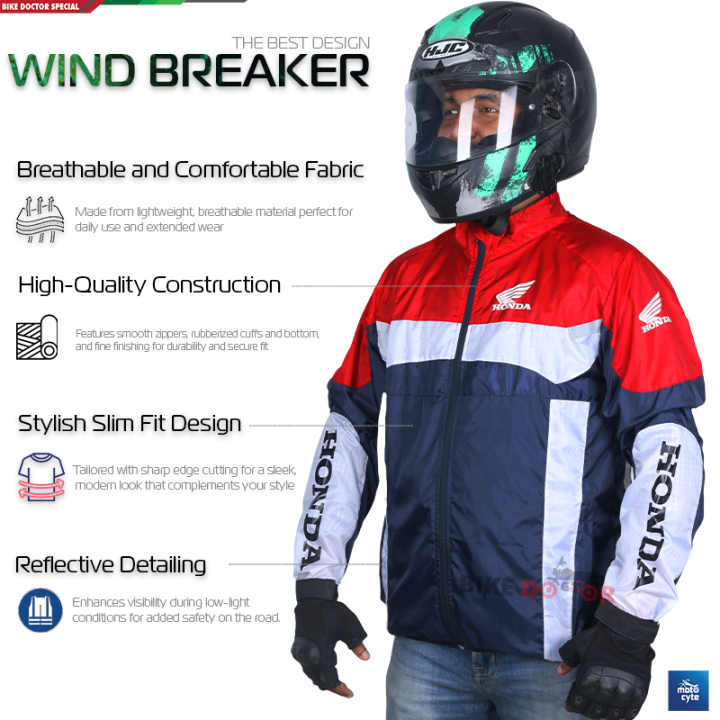 Honda Branded Design Reflective Slim Fit Windbreaker Jacket Moderate Water Resistant and Stylish for Riding 1 Piece
