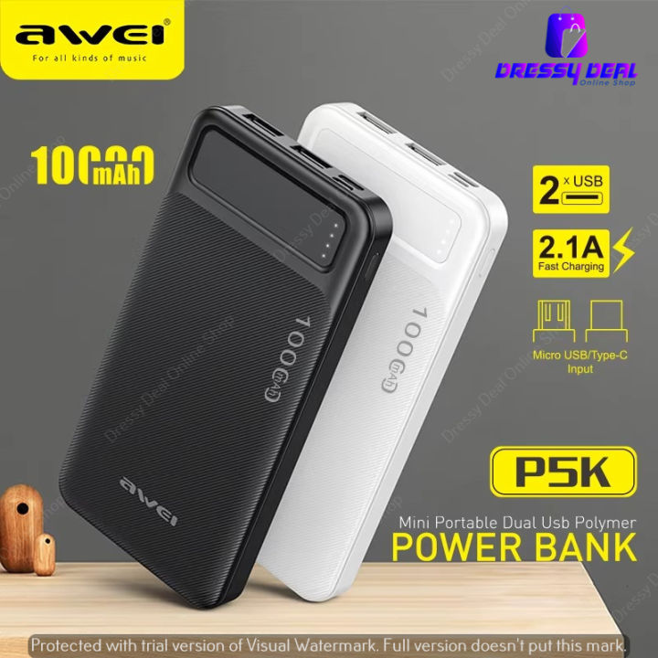 AWEI P5K Portable Power Bank 10000mAh Power bank Dual USB A Type c Micro Dual input Fast Charge
