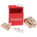 1Set 1:12 Dollhouse Miniature Letter Box Red Mailbox With Mail Sack Postcard Fairy Garden Door Furniture House Decor Toy. 