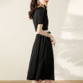 Women's Summer Dress 2024 New Patchwork High-End Temperament High-Grade Satin Lace-up Slimming Midi Dress. 