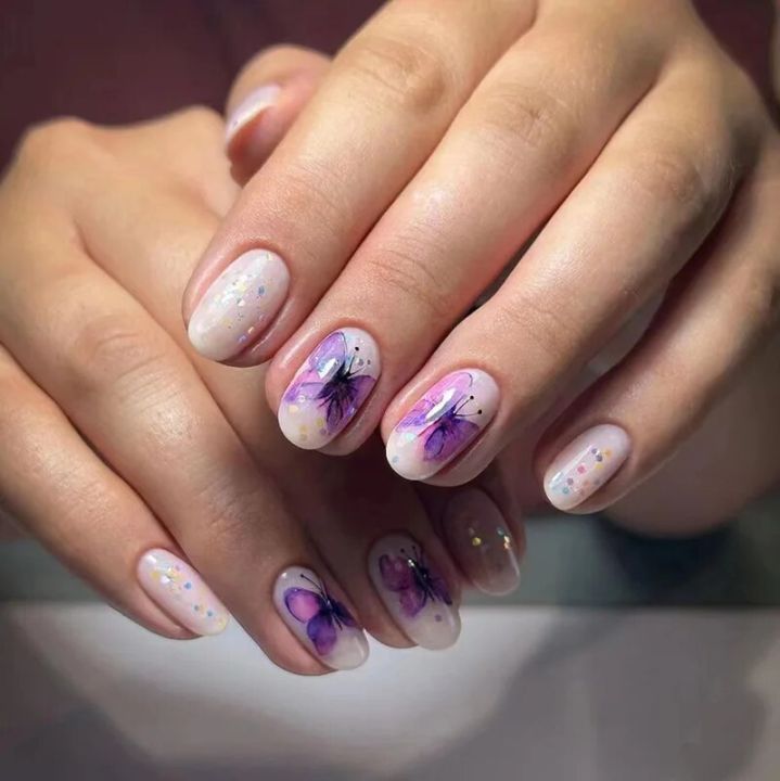 24pcs Oval Round False Nails Short French Purple Butterfly Nails Full Cover Nail Tips Press on Nails faux fingernail