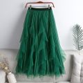 Big Ruffles Tulle Skirt Womens Autumn Winter High Waist Elegant Pleated Skirts Female Korean Fashion Casual Mesh Skirt.