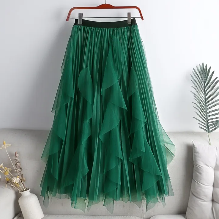 Big%20Ruffles%20Tulle%20Skirt%20Womens%20Autumn%20Winter%20High%20Waist%20Elegant%20Pleated%20Skirts%20Female%20Korean%20Fashion%20Casual%20Mesh%20Skirt%20-%20Image%204