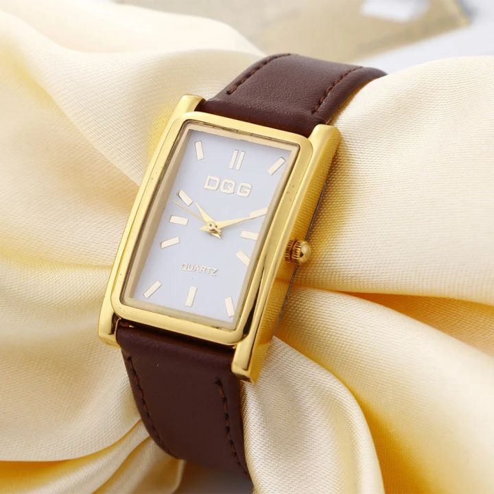 New Luxury Brand DQG Leather Strap Rectangle Quartz Watch Women Simple  Business Dress Watches Gold Dial Watch Clock