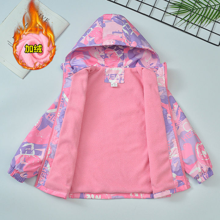 Spring Autumn Waterproof Children Hooded Cartoon Girls Jacket Warm Fleece Lined Zip Outwear School Kids Boys Outfit Top XMP99