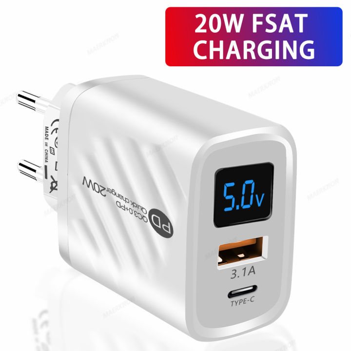 PD 20W USB C Charger Quick Charge3.0 Type C Wall Charger For iPhone Samsung Xiaomi Huawei With LED Digital Display Phone Adapter